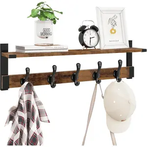Coat Rack Wall Mount, 29 Inch Long Shelf with Hooks,  Entryway Shelf with 5 Hangers for Hanging Hat Jacket Backpack Purse, Rustic Brown Black