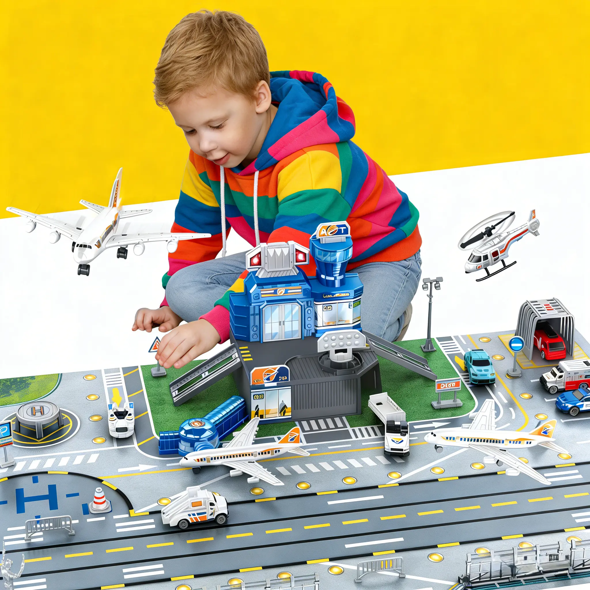 Airplane Toy Set with Trucks, Helicopter, Planes, Signs and Airport Playmat, Interactive Early Learning Toys for Boys Girls, Airport Aviation Toys for Boys Girls,Great Military Toys Gift for 3 4 5 6 7 8 Boys Girls Kids