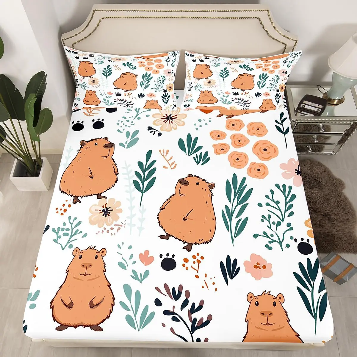 Feelyou Single Microfibre Decorative Bedsheet Sets - Cute Capybara & Floral Fitted Sheet, Vibrant Animal Bed Cover, Queen Size, Machine Washable