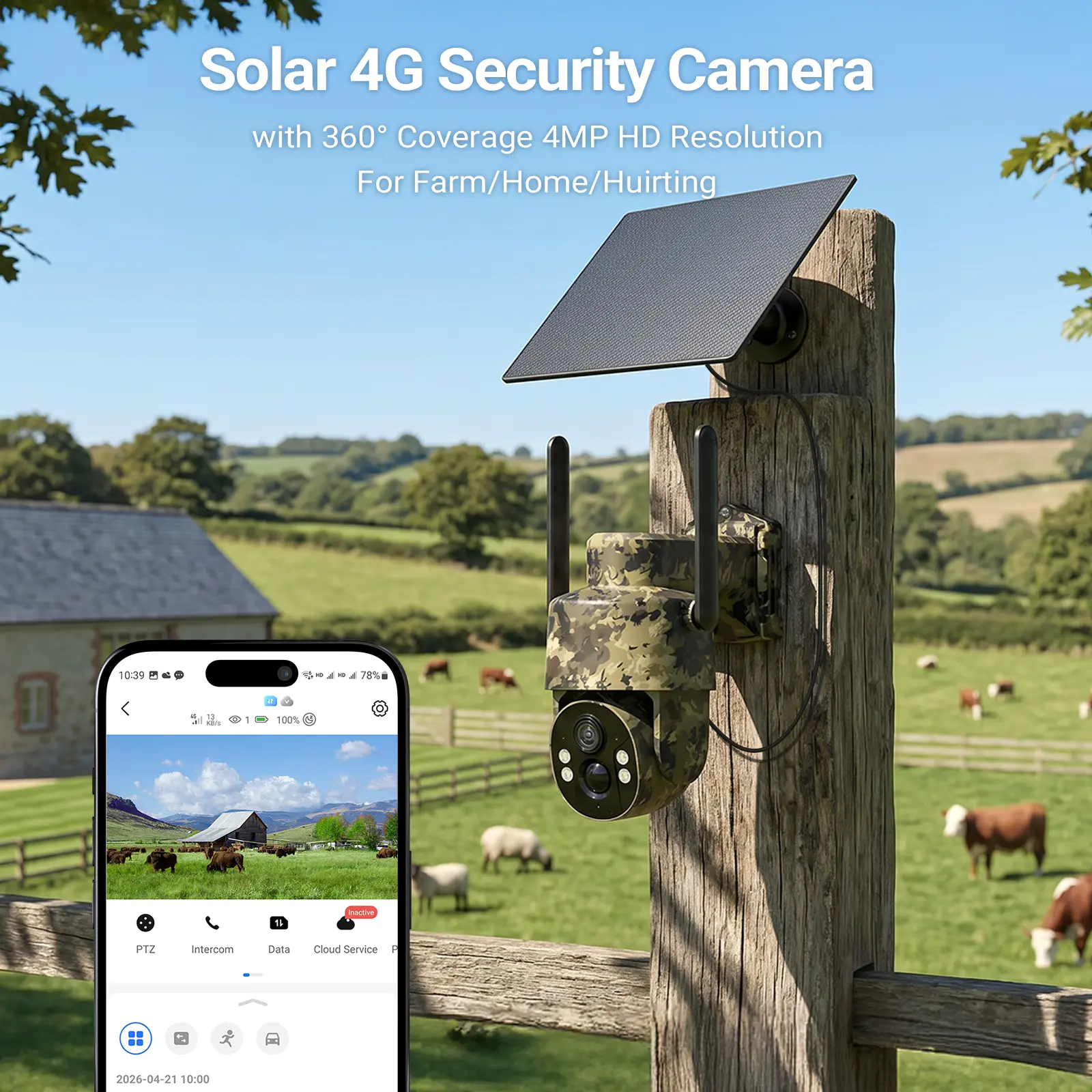 [SummerWins] 4G Solar Powered Camouflage Security Camera CB174S, 4MP HD Color Night Vision, Built-in Cellular Card, No WiFi Outdoor Camera for Farm/Home with IP65 Waterproof, 4G LTE Data Service need activate Lens Card summerwins