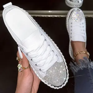 White Sneakers with Rhinestones, Featuring a Platform And Lace-Up Design - Stylish, Modern, And Adaptable Casual Footwear Students., Women Shoes