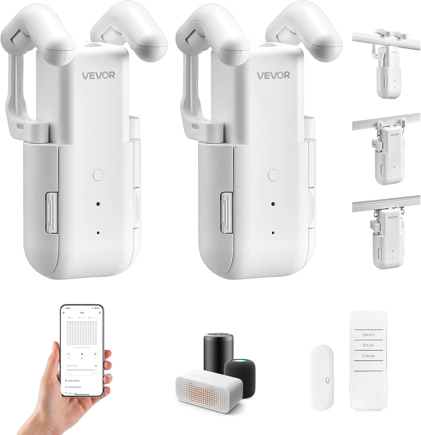 VEVOR 2-Pack Electric Smart Curtain Opener with Hub, App & Voice Control, Compatible with Alexa & Google Home, Timed Open/Close, for Roman Rods & U/I Rails, Indoor Use