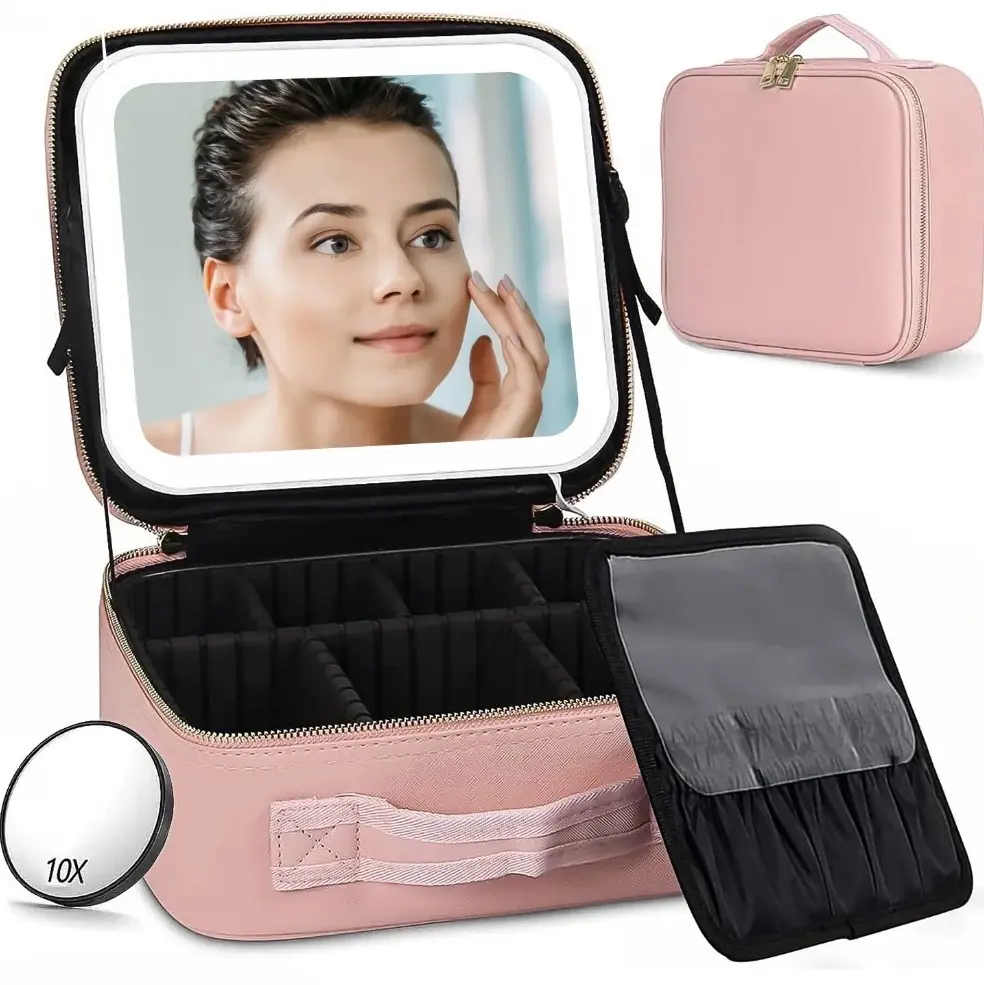 Travel Makeup Bag with LED mirror Cosmetic Bag Adjustable Dividers, Makeup Organizer Bag with Lighted Mirror 3 Color Scenarios Adjustable Brightness,Waterproof, Professional Cosmetic Artist Organizer.Perfect Christmas Gift For Friend & Family.