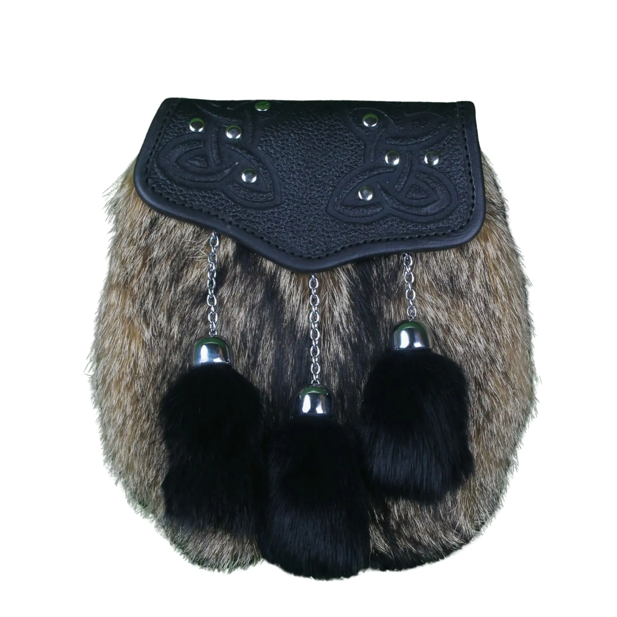 Premium Celtic Fur Sporran with Leather Cantle & Black Tassels – Traditional Highland Kilt Accessory