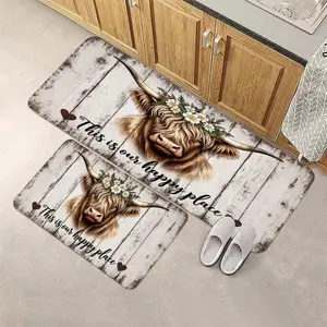 Cow Head Kitchen Mat Set with Rubber Bottom, Modern Style, Non-Slip Rug, Perfect for Home Use, Durable and Easy to Clean