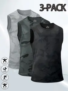 Men's Casual Camo Sports Vest Set, Outdoor Hiking Fitness Running Exercise Elastic Vests, 3pcs Men's Sportswear