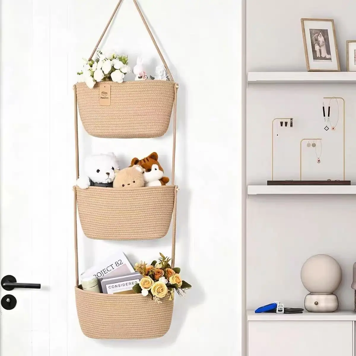 Hanging Basket, Over Door Organizer, 3 -Tier Wall Basket with Hooks | No Drill Adjustable Height Cotton Wall Organizer Boho Basket for Nursery Bathroom Living Room Bedroom Kitchen Small Apartment