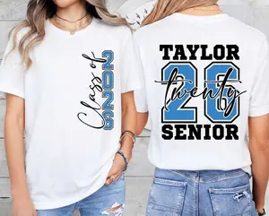 Class Of 2026 Collegiate Letter Graphic Tee Vertical Print Short Sleeve T-Shirt Casual Graduation Top For High School College Senior Unisex Crewneck Clothes