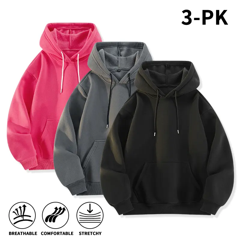 3 Pack Mens Solid Color Pullover Hoodies Oversized Loose Fit Hooded Sweatshirts Soft Warm Fleece Breathable Stretch Comfort Long Sleeve Kangaroo Pocket Basic Streetwear Athleisure Tops For Men Fall Winter Daily Gym Layering Outfits