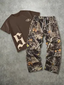Men's Fashion Street Vintage Camo 2-Piece Set, Letter Print Short Sleeve T-Shirt & Leaf Camo Wide Leg Pants, Loose Fit Outdoor Adventure