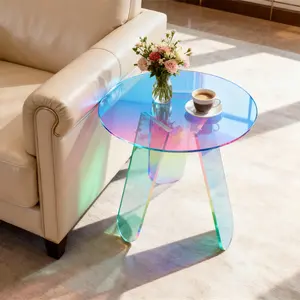 Iridescent Rainbow Round Acrylic End Table with PVC Cover,Nightstand for Bedroom,Small Spaces Living Room Accent Coffee Table  Furniture