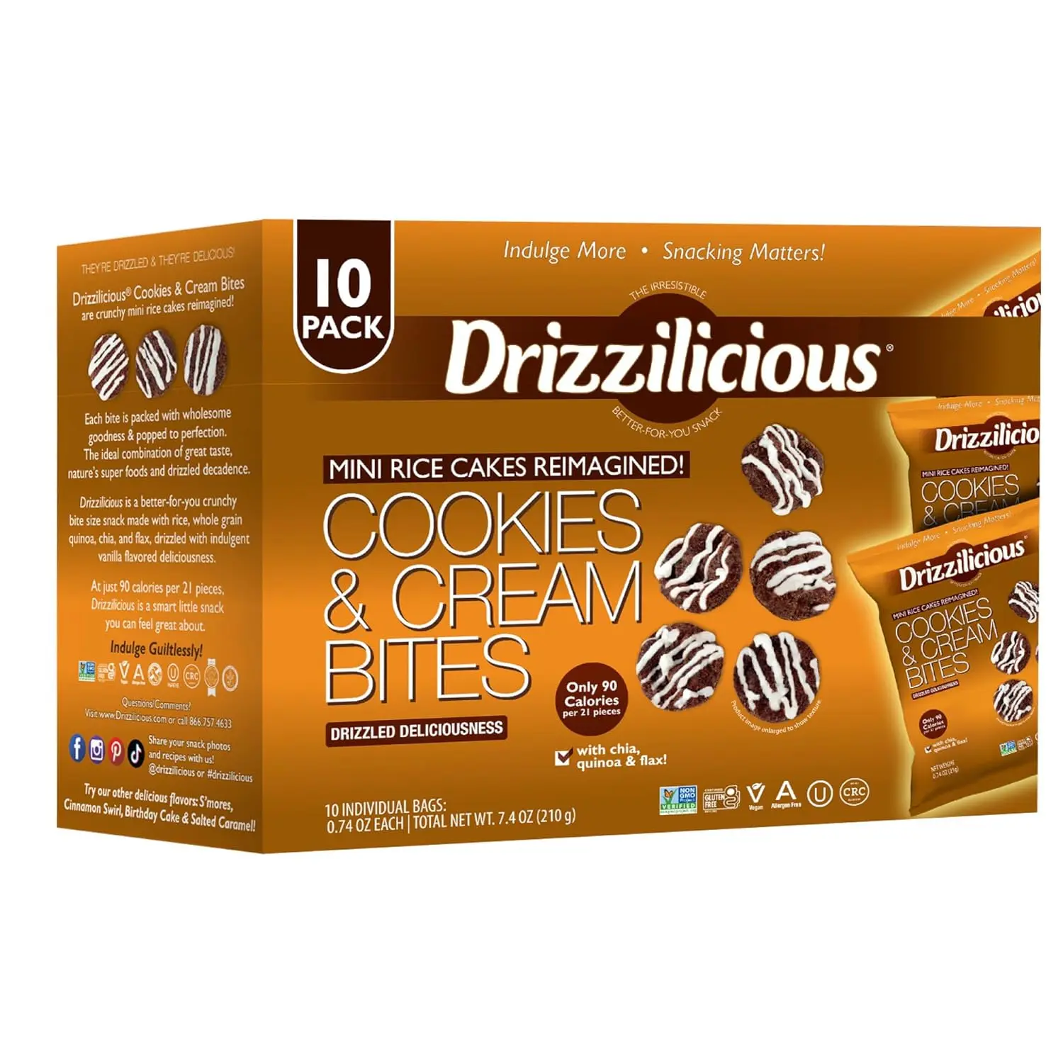 Drizzilicious Cookies & Cream Mini Rice Cakes | Crunchy Rice Crisps with White Chocolate Drizzle | Healthy Vegan Snack | Gluten Free | 10 Individual Bags