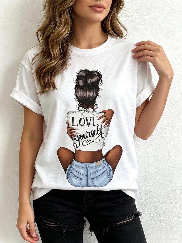 Women's Plus Size Fitted Cut Short Sleeve Crew Neck Cotton Fabric T-Shirt - Cropped, Backless, Lightweight, Heat Transfer Self Love Print, Cute Bow Accent, Casual Outdoor Valentine's Day Top