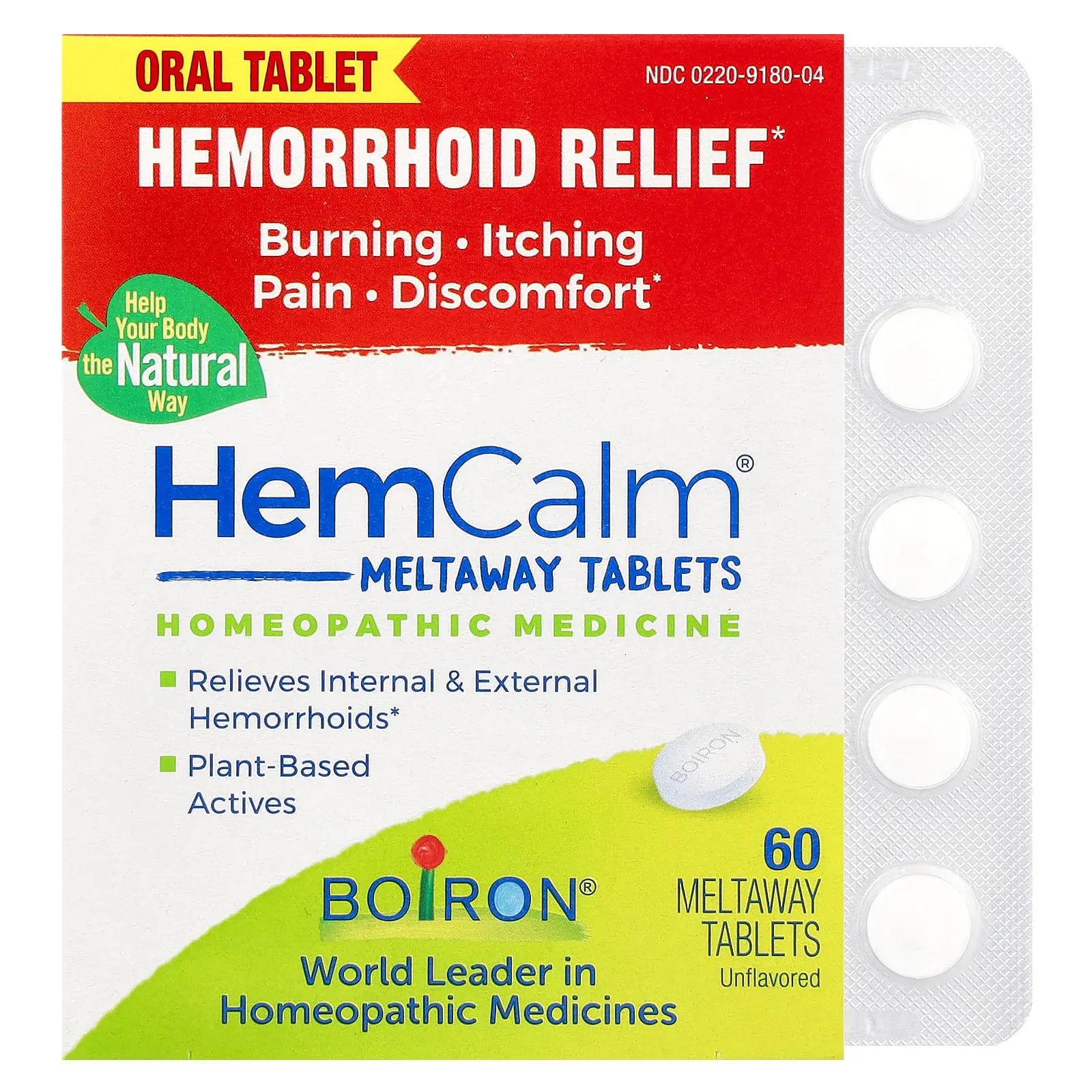 Boiron HemCalm®, Unflavored, 60 Meltaway Tablets | HSA/FSA Eligible