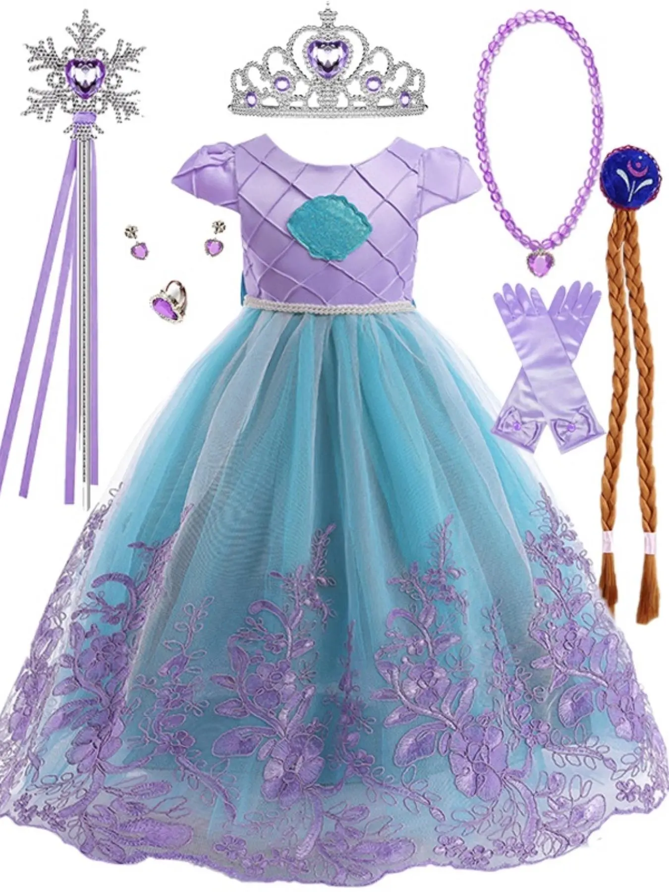 (Dress + all accessories) Princess Dress For Girls Elegant Mermaid Costume Set For Birthdays And Festivals All Seasons Floral Design