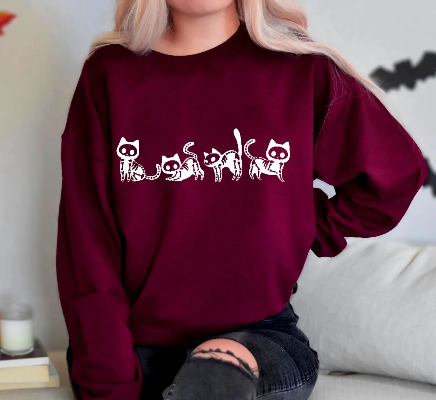 Halloween Cat Sweatshirt, Halloween Skeleton Cat Sweatshirt, Cat Owner Halloween Gift, Cat Lover Halloween Sweatshirt, Halloween Sweatshirt