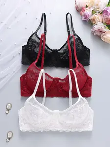 3-Pack Thin Lace Underwire Adjustable Medium Bras for Women, Push-Up Breathable Daily Wear Comfortable Lingerie, Ideal for Commuting and Everyday Use