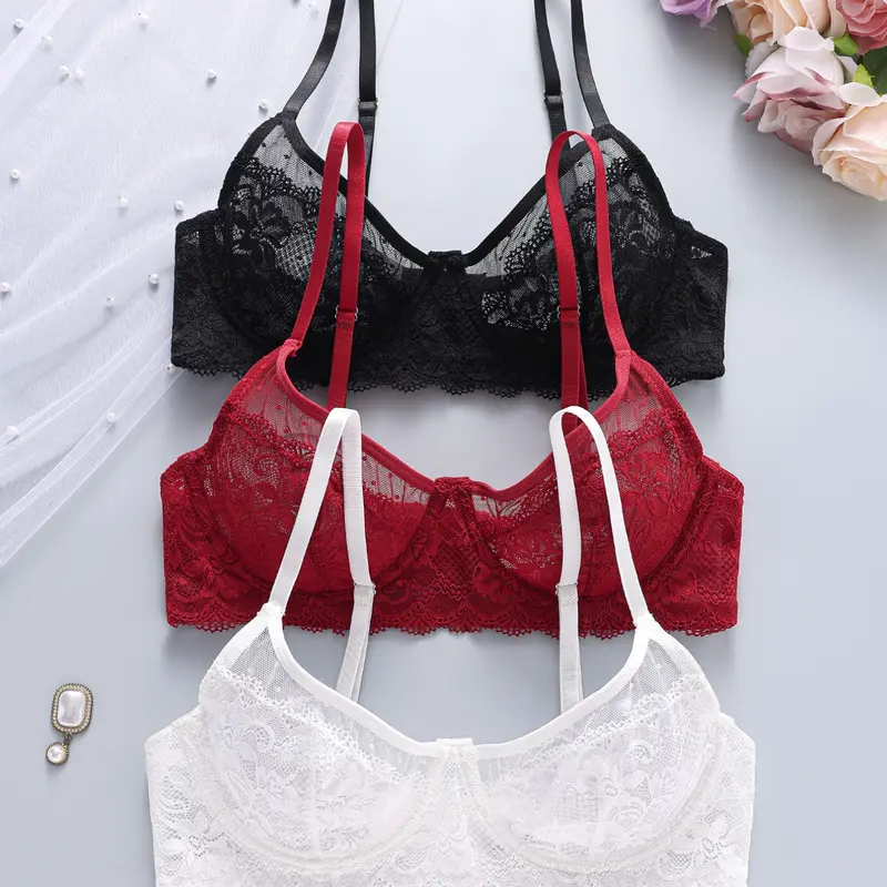 3-Pack Thin Lace Underwire Adjustable Buckle Medium Bras for Women, Push-Up Breathable Daily Wear Comfortable Lingerie, Adjustable Wired Bra, Ideal for Commuting and Everyday Use