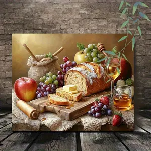 1 Piece Rural Still Life Canvas Art Print - Wooden Frame Wall Decoration, Including Bread, Fruit, Grapes, Apples, Honey, and Wine - Can Be Directly Hanged in Kitchen, Dining Room, Living Room as Home Decoration Gift, House Decoration, Dining Area Artwork