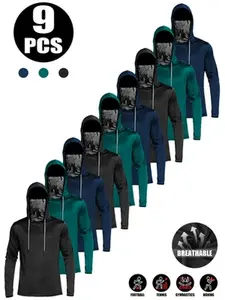 9-piece set men's outdoor work sun protection clothing with sun-blocking hoodie, featuring built-in face mask and neck guard, breathable long-sleeve hoodie