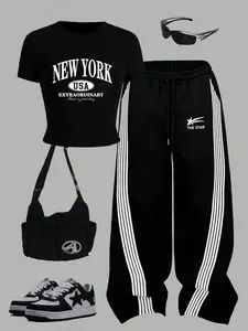 Women's Fitted Round Neck Short Sleeve T-Shirt + Loose Casual Striped Pants Set, New York Letter Print, Comfortable Leisure Wear, Essential