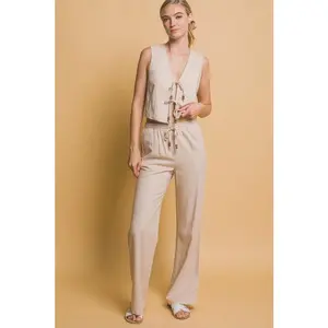BEADED DRAWSTRING WAIST LINEN PANTS