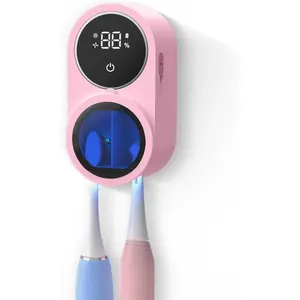 Toothbrush Holder and Cleaner for Bathroom Light Cleaning Fan Drying Round in Circle Automatic Rotating Cover Wall Mounted Smart Home Gadgets (03 Pink)
