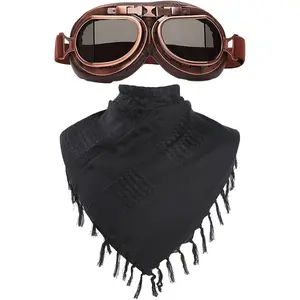 Peicees Vintage Helmet Goggles with Cotton Shemagh Keffiyeh, Motorcycle Riding Goggle Tactical Desert Scarf Neck Head Wrap