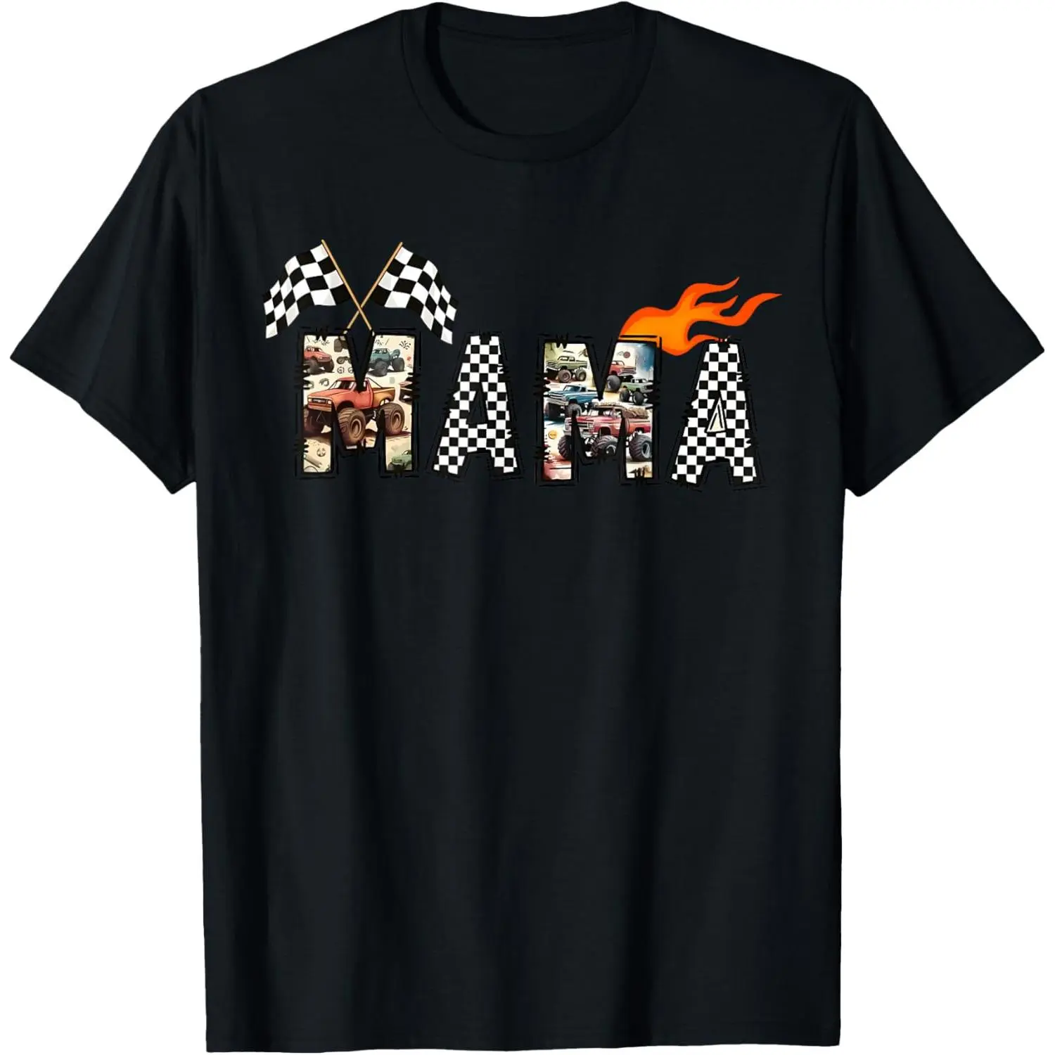 100%cotton Mama Retro Monster Truck Racing Checkered Flag Mom T-Shirt