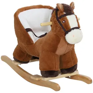 Qaba Baby Rocking Horse Gift for Christmas Day Birthday, Plush Animal Rocker with Sound, Wooden Base, & Safety Belt for Ages 18-36 Months, Brown