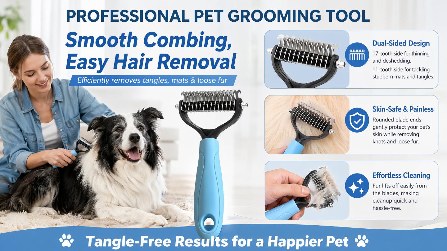 Pet Grooming Brush - Double Sided Shedding and Dematting Undercoat Rake Comb for Dogs and Cats, No More Nasty Shedding or Flying Hair Pet Grooming Brush - Double Sided Shedding and Dematting Undercoat Rake Comb for Dogs and Cats, No More Nasty Shedding or Flying Hair