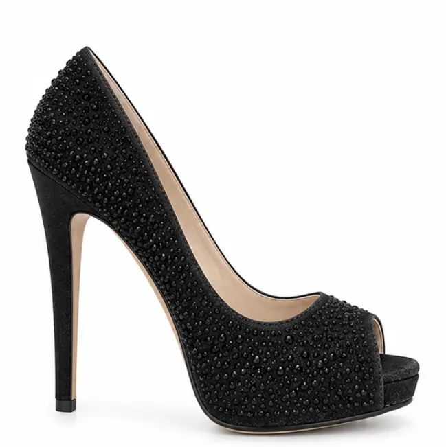 Elegant Black Rhinestone Embellished Peep Toe High Heel Pump for Women