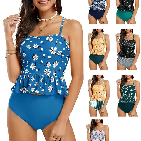 FISOEW Women's High-Waisted 2-Piece Tankini Swimsuit with Shorts - Peplum Halter Spaghetti Strap, Floral Leaf Print, Stretch Durable Fabric, Removable Pads, Crisscross Back, Multi-Size, Smooth Fit, Vintage Ruffle Look for Teens, Honeymoons, Pool Days