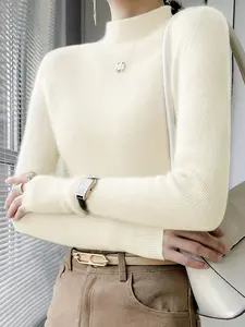 Women's Plain Ribbed Knit Half High Neck Sweater, Fitted Long Sleeve Top, Office and Casual Basic Pullover, Fall & Winter Fashion