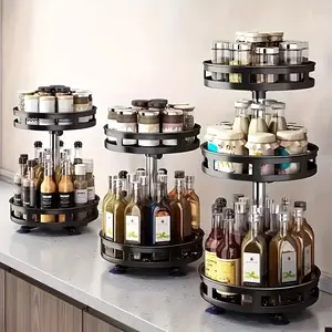 360° Rotating Spice Rack Organizer - 2-Tier, Black Steel Countertop Storage for Seasonings, Oils, and Vinegar - Kitchen Organization Essentials