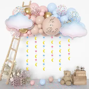 185Pcs Gender Reveal Decorations, Double-Stuffed Pastel Pink And Blue Brown Nude Balloon Arch Kit White Cloud Hanging Moon Star Garland Boho Neutral Boy Or Girl Bear Baby Shower Party Supplies
