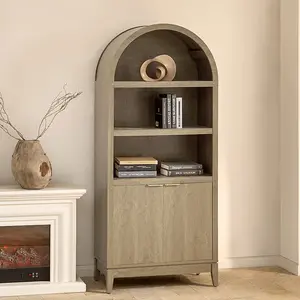 HULALA HOME Modern Arched Wood Bookcase with Doors, HULALA HOME Victoria Curved Top Storage Cabinet, Adjustable Shelves Display Shelf Unit, Wooden Bookshelf for Living Room, Office, Entryway Organizer Cabinet