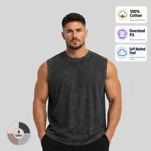 4 Pack Men’s 100% Cotton Sleeveless Tank Tops, Oversized Washed Muscle Shirts for Gym, Workout and Summer Casual Wear