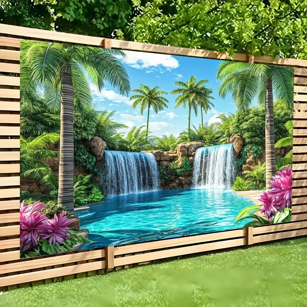 1PC 2D Flat Backdrop - Tropical Waterfall Pool Themed Decor with Palm Tree, Green Plant, Festive Backdrops & Banners for Festival Party Photography Arrangement to Create Immersive Natural Landscape Atmosphere
