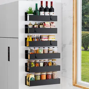 6 Pack Magnetic Spice Rack Organizer for Refrigerator and Oven with Movable Hooks, Black Fridge Organizers and Storage for Kitchen