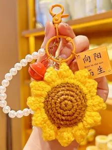 Handmade Crochet Keychain Set, Cute Sunflower Fruit Flower Aesthetic Bag Charm, Pearl Beaded Anti-Lost Key Holder, Kawaii Keychain for Women Girls Teens Backpack Purse Handbag Car Keys Birthday Gift Party Favors