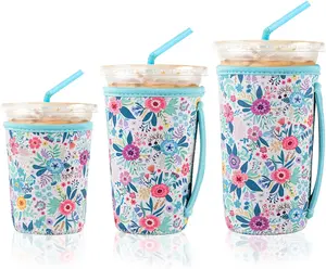 3 Reusable Iced Coffee Sleeves for Iced Coffee Cups or Drinks Reusable Neoprene Insulated Sleeves for Hot and Cold Drinks  (White Flower Bush)