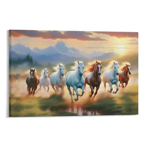 DBrush 7 “Racing Horse Mural”: White horse at sunrise, religious-themed wall art framed print for home and office decor, 8×12 inches, large size, framed (laminates and coated finish)