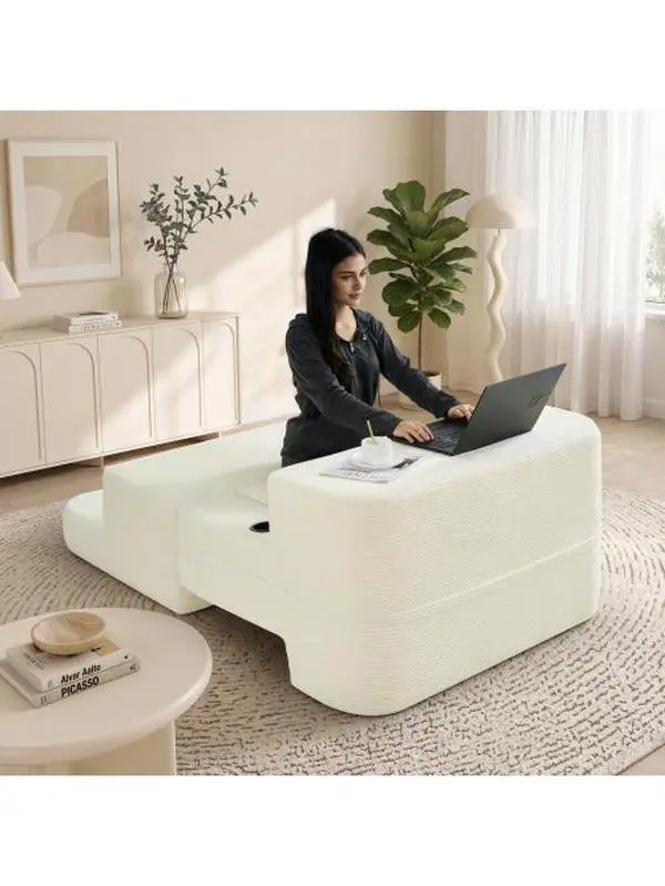 Multifunctional single-seat compression sofa that converts into a computer desk and simple office desk, featuring chenille padding for a comfortable seating experience, suitable for office workers.