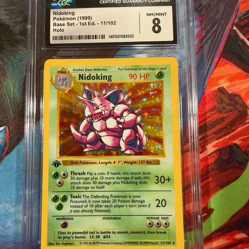 Pokemon Base Set 1st-Edition Shadowless Nidoking Holo Trading Card, CGC 8 Graded