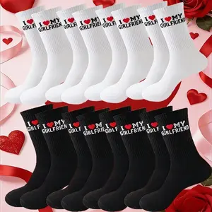 Women's Mid-Calf Letter Print Casual Socks, Unisex Size, 2-Pair Black Set, Valentine’s Day & Anniversary Gift, Letter Print Socks