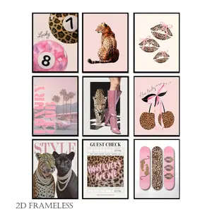 9-piece set, Pink Fashionable Leopard Print Wall Art, Preppy-Style Cheetah-Inspired Wall Decor, Canvas, Cool “Lucky 8” Ball Print Poster, Lucky Lip-Shaped Leopard Print Art—Perfect for a girl's bedroom decor, frameless