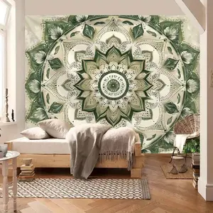 1pc Extra Large Bohemian Mandala Tapestry - Vibrant Green & Beige Floral Pattern, Polyester Wall Hanging Cloth for Living Room, Bedroom, or Hotel Decor, Perfect for Indoor Use and Holiday Gifts, Decorative Tapestry |     Bohemian Style |     Polyester Fab