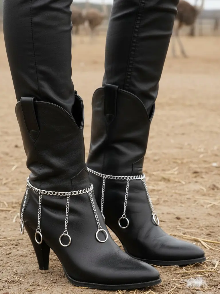 BC86 Women's Silver Metal Boot Chain Bracelet Shoe Anklet Dangle Long Ring Charm Set Western Rodeo Line Dance Nashville Festival Fashion Bling Boot Strap Chain Jewelry 2PCS Pair