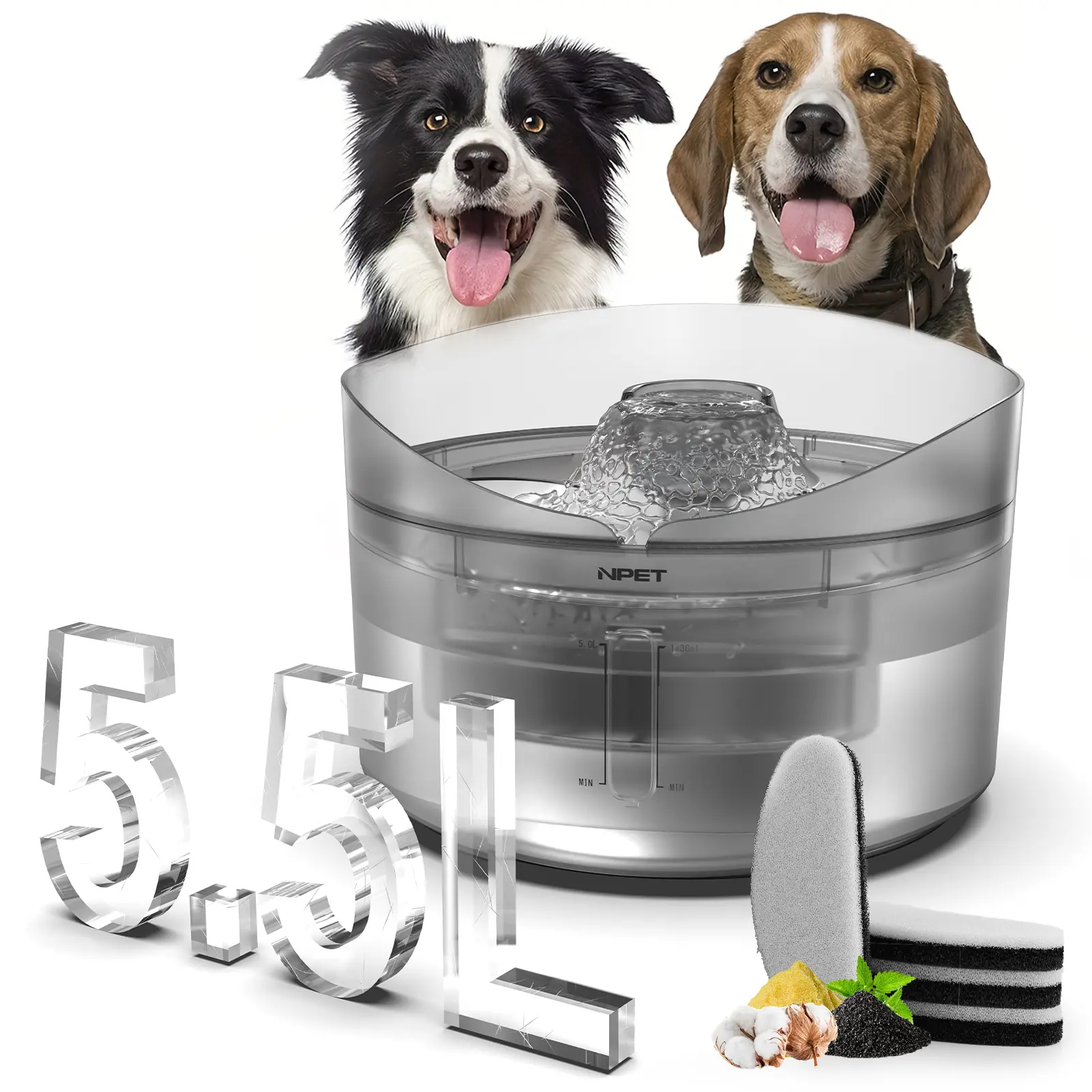NPET 5L Large Capacity Pet Water Dispenser, Low Noise Pump Triple Filter Fountain with Splash Guard for Large Dogs Cats Multi Pets, Clear Black & Clear White, 4/8 Filter Cartridges Available